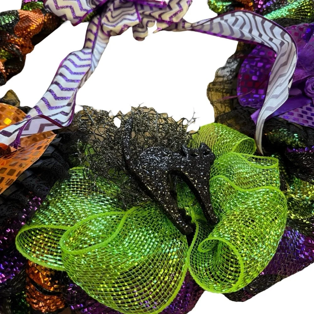 Halloween Glitter Mesh Wreath with Witch Hats, Black Cat & Purple Bow – 24″